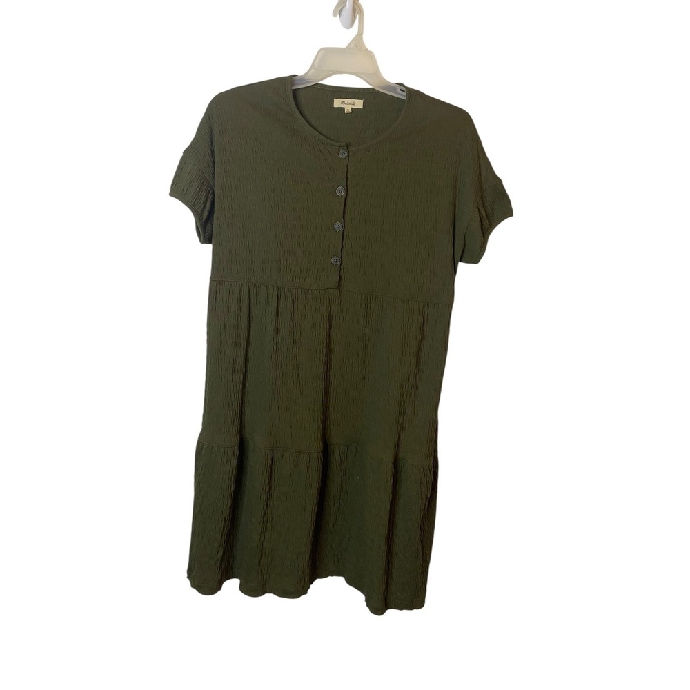 Madewell Women XS Green Smocked Tiered Henley Midi Dress Short Sleeve